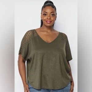 Olive Knit Top w. Crochet Yoke